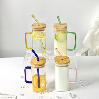 Glass Cup with Lid and Straw (RANDOM COLOR STRAW AND HANDLE)