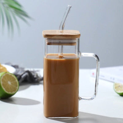 Glass Cup with Lid and Straw (RANDOM COLOR STRAW AND HANDLE)