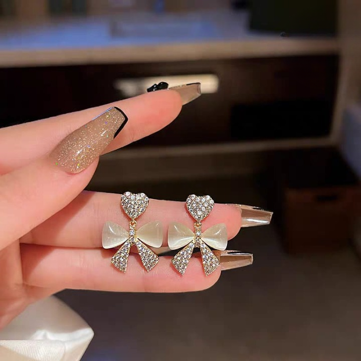 Heart Bow Zircon Korean Earring For Women (GOLDEN)