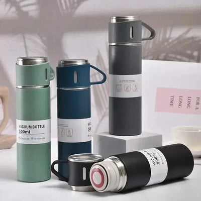 "Multi-Purpose Stainless Steel Vacuum Bottle - 3-Piece Travel Set with Cups"