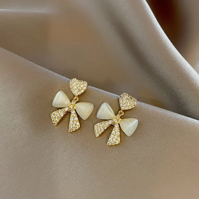 Heart Bow Zircon Korean Earring For Women (GOLDEN)