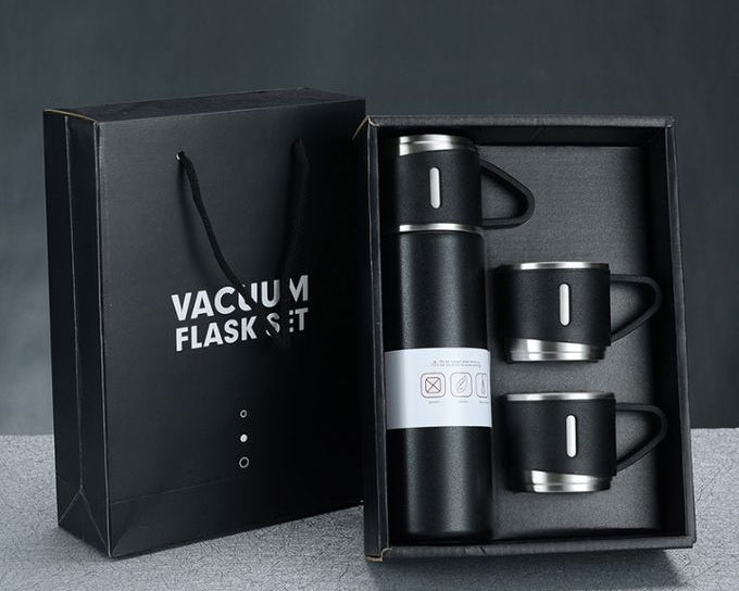 "Multi-Purpose Stainless Steel Vacuum Bottle - 3-Piece Travel Set with Cups"