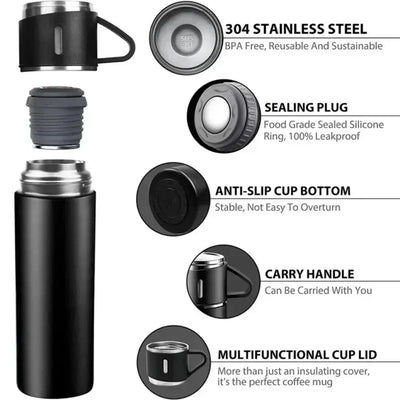 "Multi-Purpose Stainless Steel Vacuum Bottle - 3-Piece Travel Set with Cups"