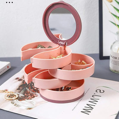 Round Jewelry Box – 4 Compartments with Built-in Mirror